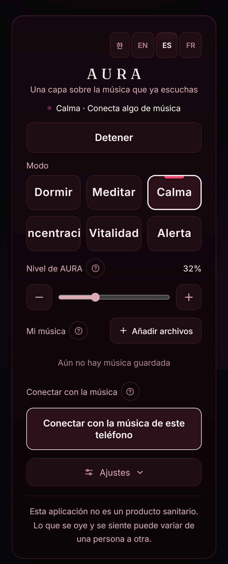 La app AURA en funcionamiento, con seis modos y un control de nivel de tono.