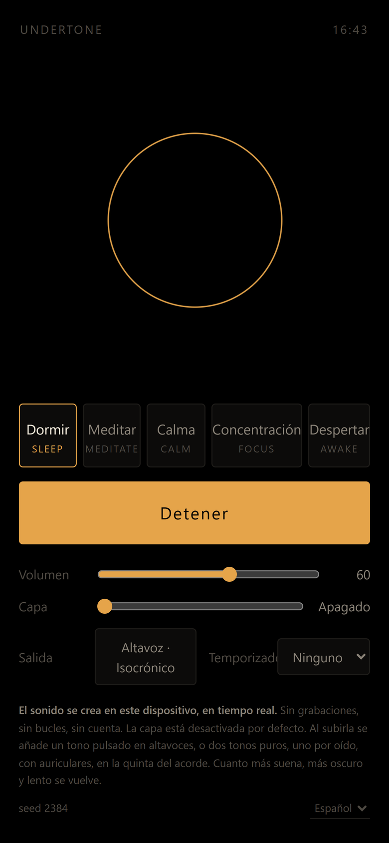 Undertone en reproducción, con los cinco estados y el conmutador de salida altavoz o auriculares.